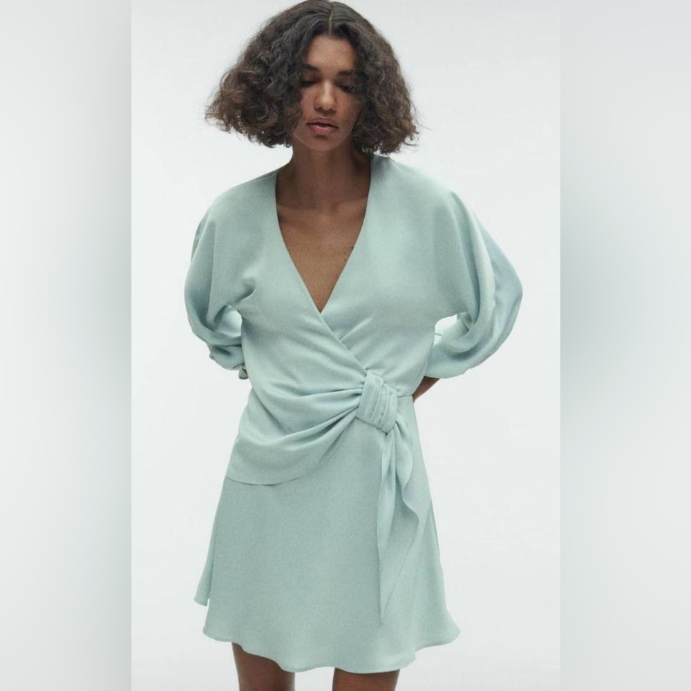 NWT Zara BOHO Blue/Green Satin Knotted Mini Dress in Size S